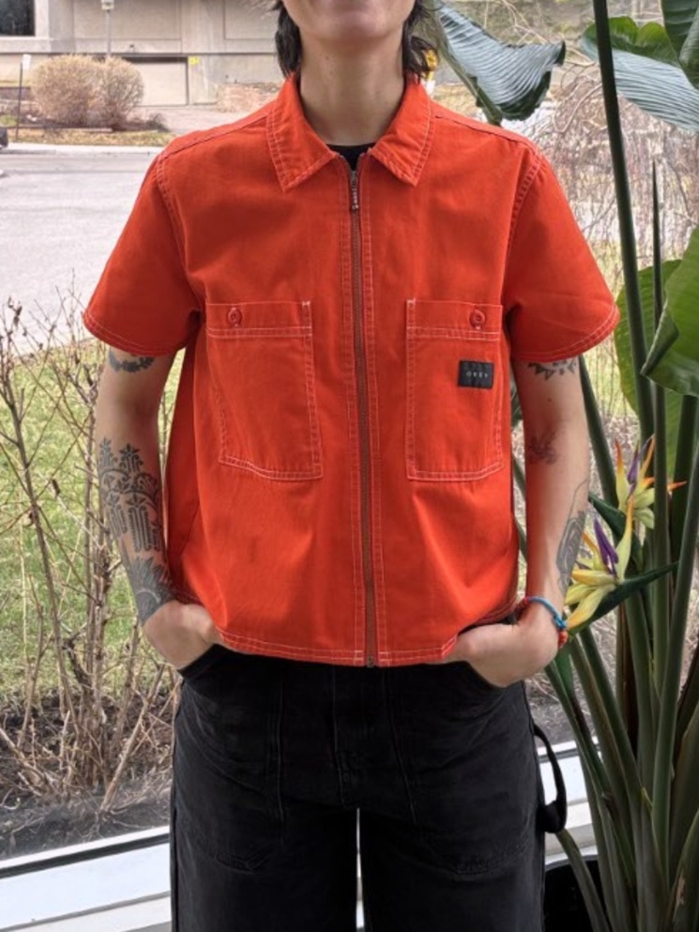 Obey Short Sleeve Zip-Up Work Shirt in Bright Orange